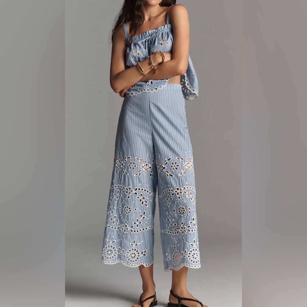 Maeve Eyelet-Stripe Wide-Leg Pants